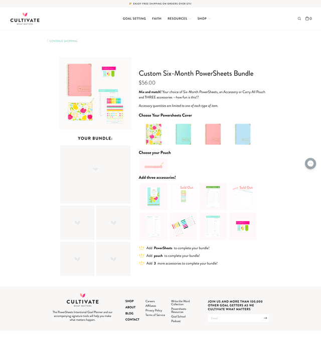 Screenshot of the custom bundle builder on Cultivate What Matters' Shopify site